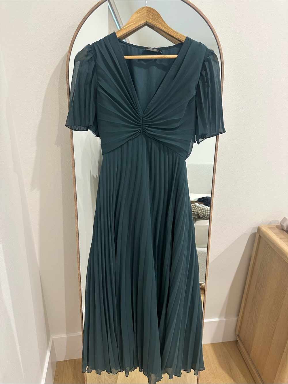 Pleated V-Neck Midi Dress in Deep Teal